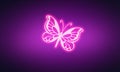 Neon purple pink glowing butterfly on dark violet background