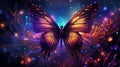 A neon purple space butterfly fluttering its luminous wings among a field of neon yellow stars by AI generated