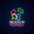 Neon puzzle pieces. Solve puzzle game. Glowing neon icon of logical concept. Thinking game symbol