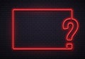 Neon question mark frame. Quiz lighting, interrogation point red neon lamp on bricks wall texture background 3d vector