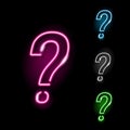 Neon question mark icon in four different colours isolated on black background. Quiz, interrogation, faq, problem concept. Night