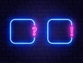 Neon quiz banner set. Glowing question and exclamation mark. Color neon banner on brick wall. Realistic bright night
