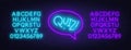 Neon quiz sign in speech bubble on brick wall background. Neon fonts