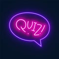 Neon quiz sign in speech bubble on dark background.