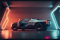 Neon racing sport car demonstrated innovative showroom. Royalty Free Stock Photo