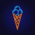 Neon sign Waffle cone with Ice Cream. Glowing Neon Linear Design Element