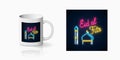 Neon ramadan islam holy month symbol for cup design. Eid al fitr greeting text with mosque dome and minaret design