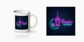 Neon ramadan islamic holy month symbol for cup design. Ramadan kareem greeting text with fanus lantern star and crescent Royalty Free Stock Photo