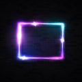 Neon rectangle laser wall sign on black brick background. Electric power glowing banner light line neon frame design.