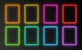 Neon rectangular frames, glowing borders set, colorful futuristic UI design elements. Royalty Free Stock Photo
