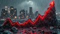 Neon red arrow rising in rain on rocky terrain with city skyline at night Royalty Free Stock Photo
