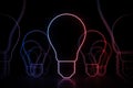 Neon red blue idea sign on black, light bulbs Royalty Free Stock Photo