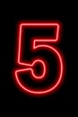 Neon red number 5 on black background. Learning numbers, serial number, price, place