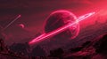 A neon red planet with glowing rings orbiting around it