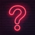 Neon red question mark on dark brick wall. Cinema, show, theatre, circus, casino design. Intellectual signs. Laser diode Royalty Free Stock Photo