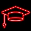 Neon red silhouette of mortar board of graduate on black background. Education, college