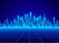 Neon retro city landscape in blue colors. Cyberpunk futuristic town. Sci-fi background abstract digital architecture. Vector