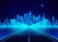 Neon retro city landscape in blue colors. Highway to cyberpunk futuristic town. Sci-fi background abstract digital architecture. Royalty Free Stock Photo