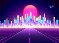 Neon retro city landscape. Highway to Cyberpunk futuristic town. Sci-fi background abstract digital architecture. Vector Royalty Free Stock Photo