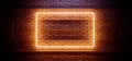 Neon Retro Orange Vibrant Club Dance Sign Frame Rectangle Shaped Electric Glowing Light On Old Rough Brick Street Night Wall