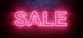 Neon Retro Purple Vibrant Club Dance Sale Sign Electric Glowing Light On Old Rough Brick Street Night Wall Fluorescent Cyber