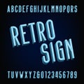 Neon retro sign alphabet font. Volumetric type letters and numbers. Royalty Free Stock Photo