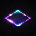 Neon rhombus background on black brick wall.