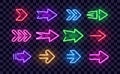 Neon Right Arrows colorful vector icons set. Realistic glowing pointers on transparent background. Location indicator Royalty Free Stock Photo