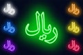 Neon Riyal sign in various color options on a dark background . Royalty Free Stock Photo