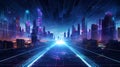 The neon road rushes into the depths of the digital city, abstract futuristic circuit computer internet technology