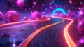 A neon road with some glowing orbs on it, AI Royalty Free Stock Photo