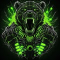 Neon Roaring Bear Cyborg Machine Robotic wild animal Illustration, Generative AI