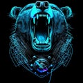 Neon Roaring Bear Cyborg Machine Robotic wild animal Illustration, Generative AI