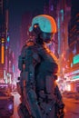 Neon robot in a futuristic cityscape. Generative Ai