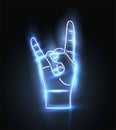 Neon rock hand sign. Rock music symbol. Vector illustration