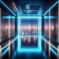 Neon Room with ciy scape view Background. laser blue tone. Created with generative AI Royalty Free Stock Photo