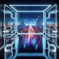 Neon Room with ciy scape view Background. laser blue tone Created with generative AI Royalty Free Stock Photo