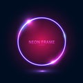 Neon round frame with lights on a dark blue background. Geometric shape of the glow contour or laser glowing lines. Royalty Free Stock Photo