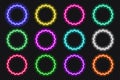 Neon round scallop border frames set. Glowing coloful flower button. Geometric shape action UI elements with copy space