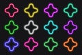 Neon round scallop border frames set. Glowing coloful flower button. Geometric shape action UI elements with copy space
