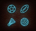 Neon rugby, soccer, badminton, volleyball balls sign vector isolated on brick wall. Sport balls ligh