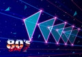 Neon 80s styled triangles flying in space with laser rays Royalty Free Stock Photo