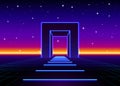 Neon 80s styled massive gate in retro game landscape with shiny road to the future