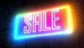 Neon sale sign on perspective brick wall background