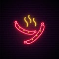 Neon sausage sign. Line street fast food emblem.