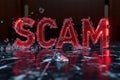 Neon Scam Text with Shattered Glass on Dark Marble Surface Indicating Online Deception Royalty Free Stock Photo