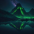 Neon Sci-fi Futuristic Alien Arch Light Strange Flourescent Glowing realistic Mountain Landscape With Forest And River Dark Night Royalty Free Stock Photo