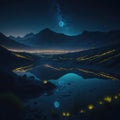 Neon Sci-fi Futuristic Alien Lights Strange Flourescent Glowing Realistic Mountain Landscape With Forest And River Dark Night Royalty Free Stock Photo