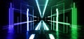 Neon Sci Fi Futuristic Glowing Green Blue Cyber Glass Plates Stage Podium Club Fashion Event Show Concrete underground Dark