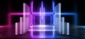 Neon Sci Fi Futuristic Glowing Purple Blue Cyber Glass Plates Stage Podium Club Fashion Event Show Concrete underground Dark